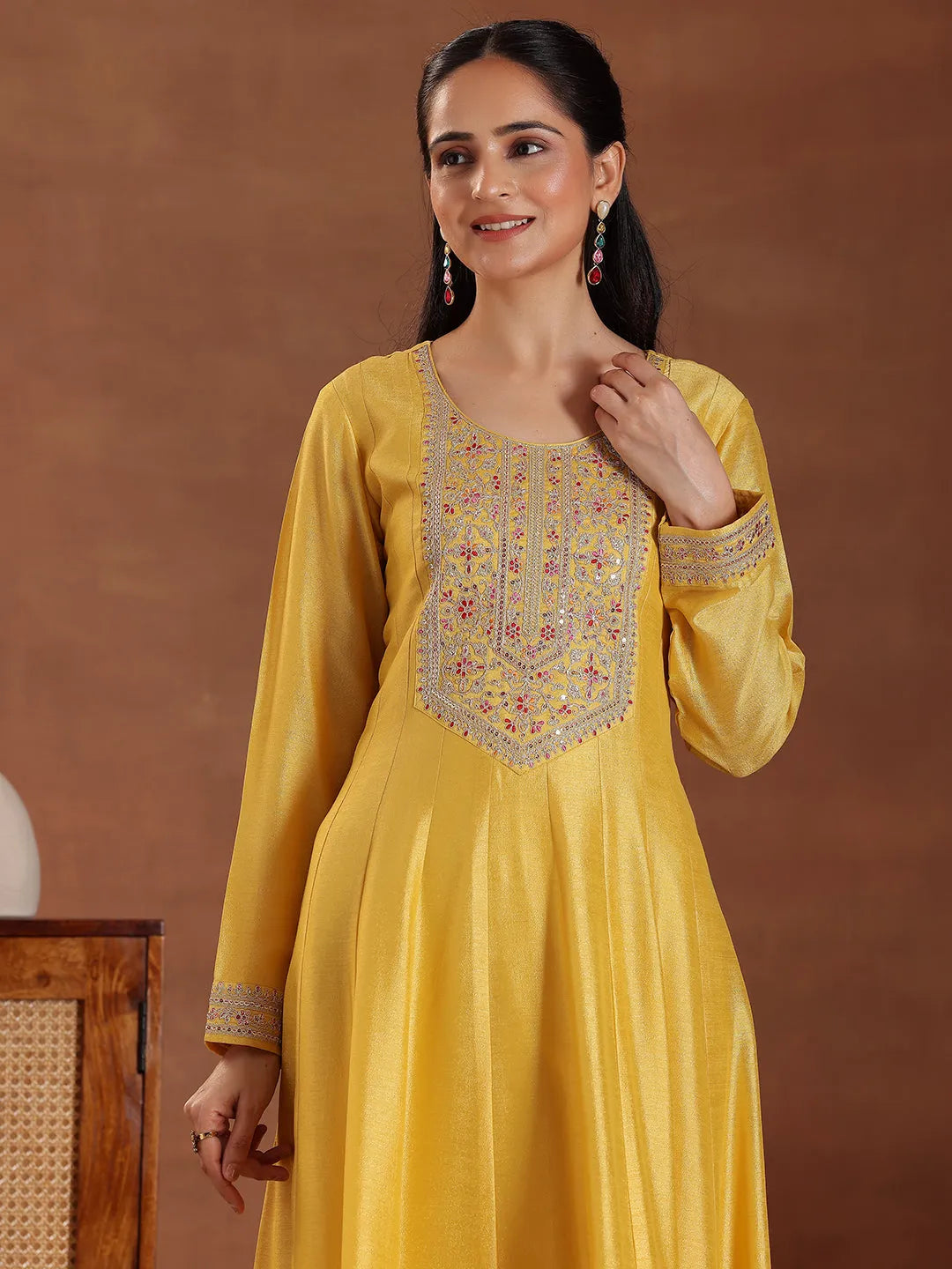  Yellow Yoke Design Silk Blend A-Line Kurta With Trousers & Dupatta 