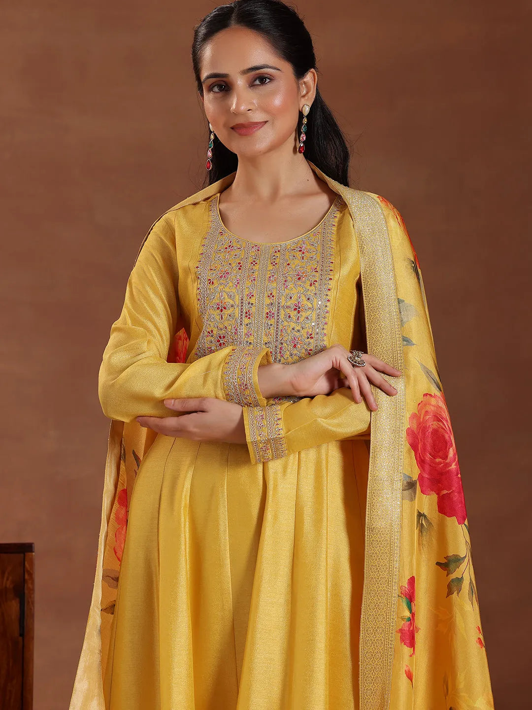  Yellow Yoke Design Silk Blend A-Line Kurta With Trousers & Dupatta 