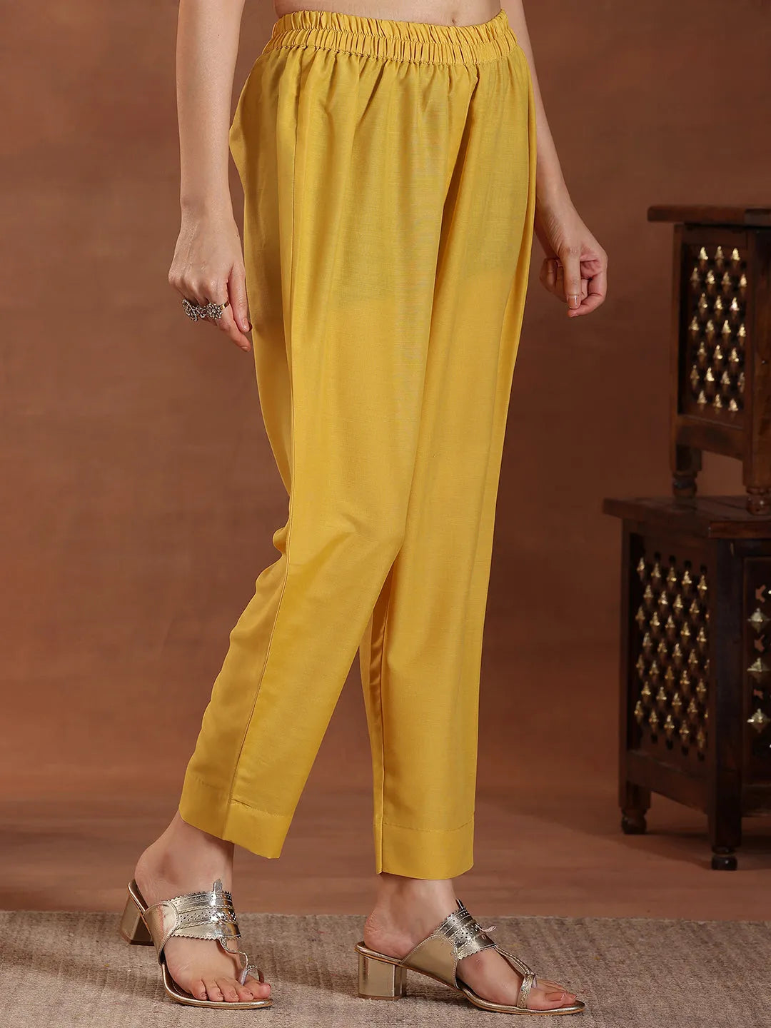  Yellow Yoke Design Silk Blend A-Line Kurta With Trousers & Dupatta 