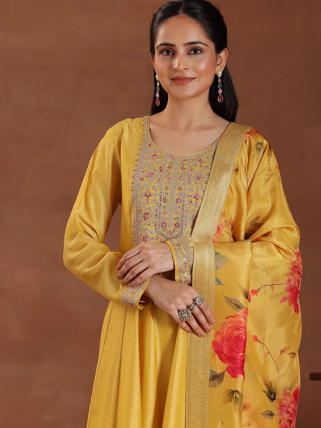  Yellow Yoke Design Silk Blend A-Line Kurta With Trousers & Dupatta 