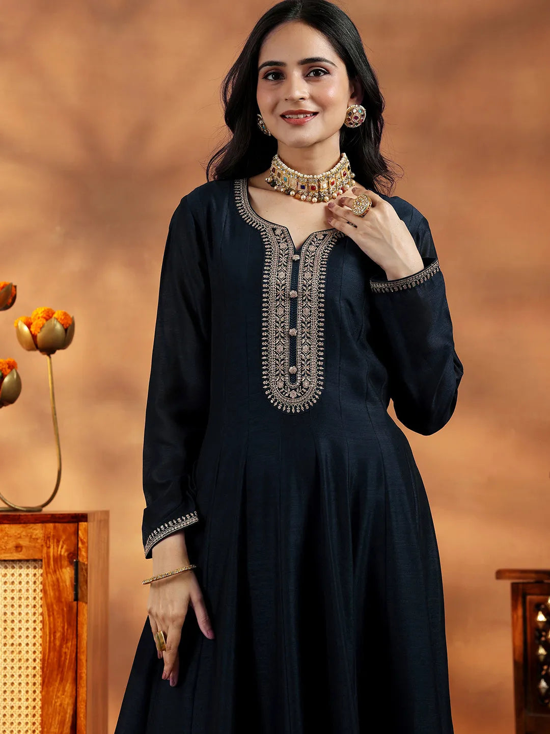  Blue Yoke Design Silk Blend A-Line Kurta With Trousers & Dupatta 