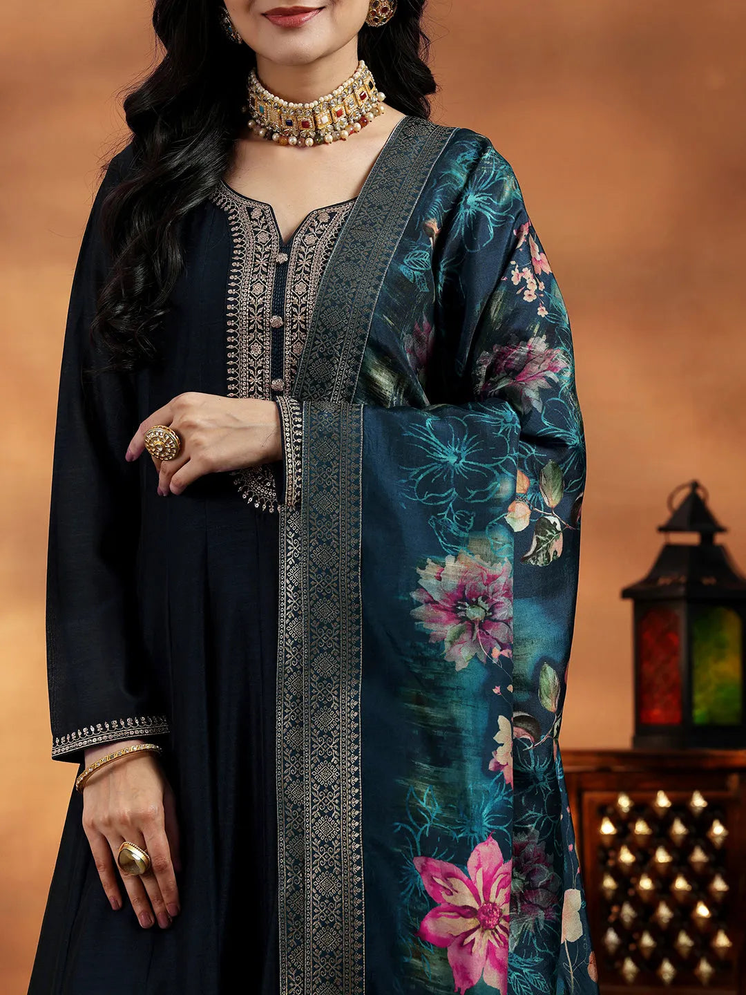  Blue Yoke Design Silk Blend A-Line Kurta With Trousers & Dupatta 