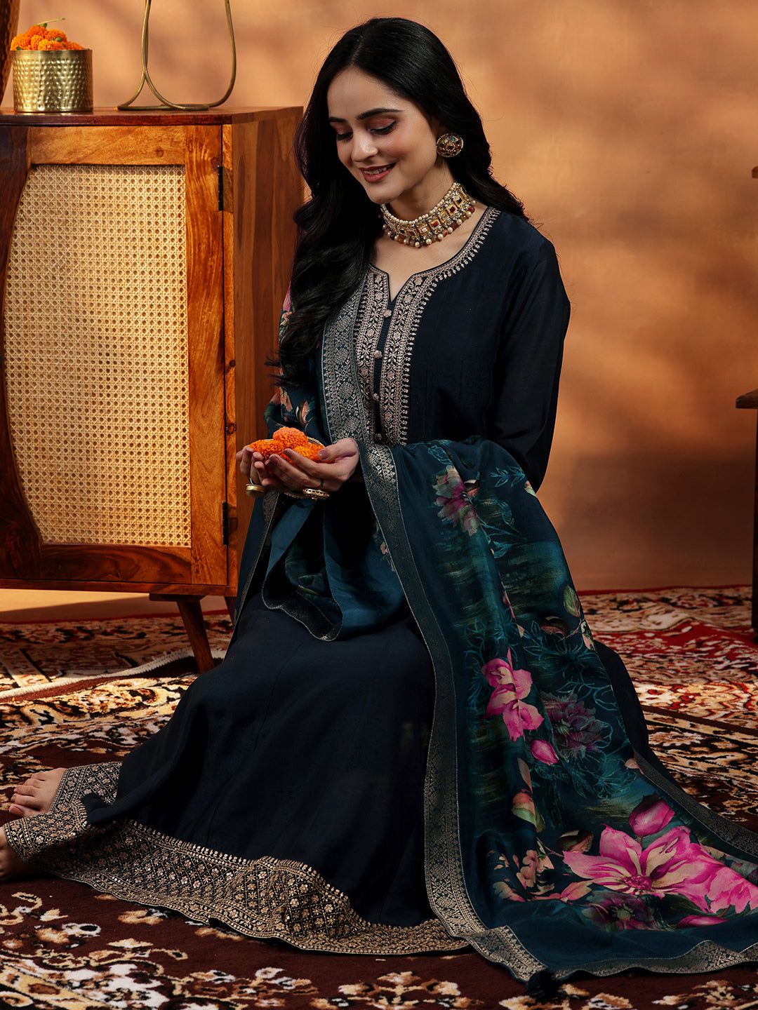 libas Blue Yoke Design Silk Blend A-Line Kurta With Trousers & Dupatta-picture-19