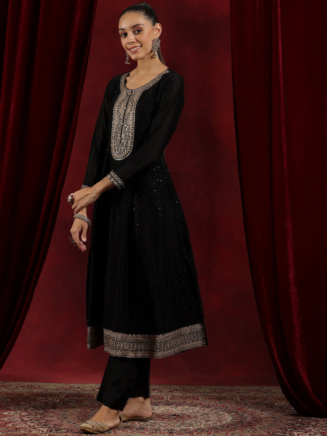  Libas Art Black Embroidered Silk Blend A-Line Kurta With Trousers & Dupatta 