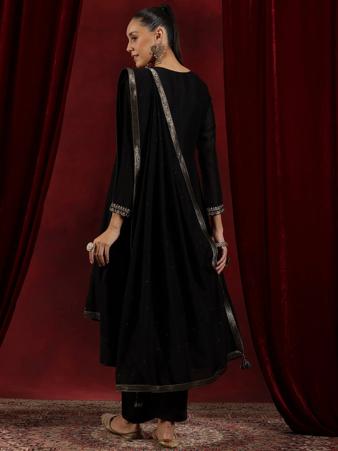  Libas Art Black Embroidered Silk Blend A-Line Kurta With Trousers & Dupatta 