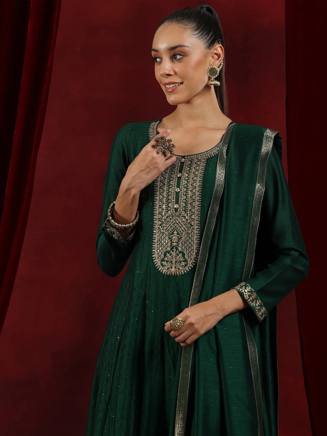  Libas Art Green Embroidered Silk Blend A-Line Kurta With Trousers & Dupatta 