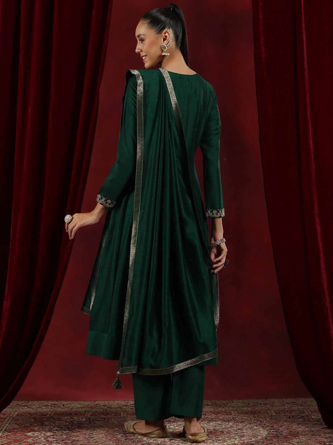  Libas Art Green Embroidered Silk Blend A-Line Kurta With Trousers & Dupatta 