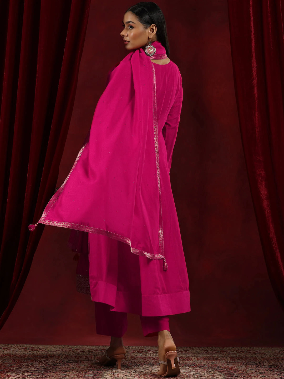  Libas Art Pink Embroidered Silk Blend A-Line Kurta With Trousers & Dupatta 