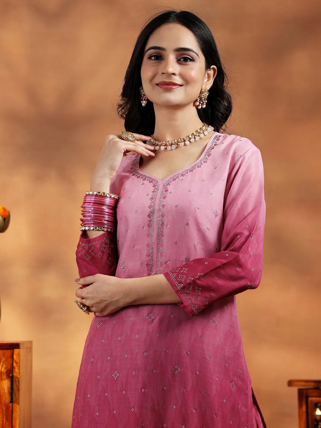 Pink Self Design Muslin Straight Suit With Dupatta 