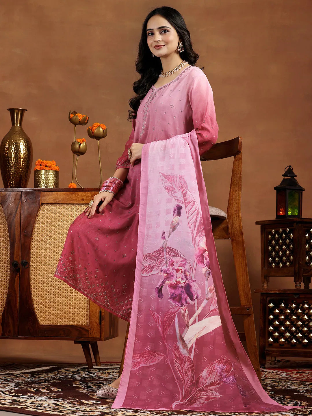  Pink Self Design Muslin Straight Suit With Dupatta 