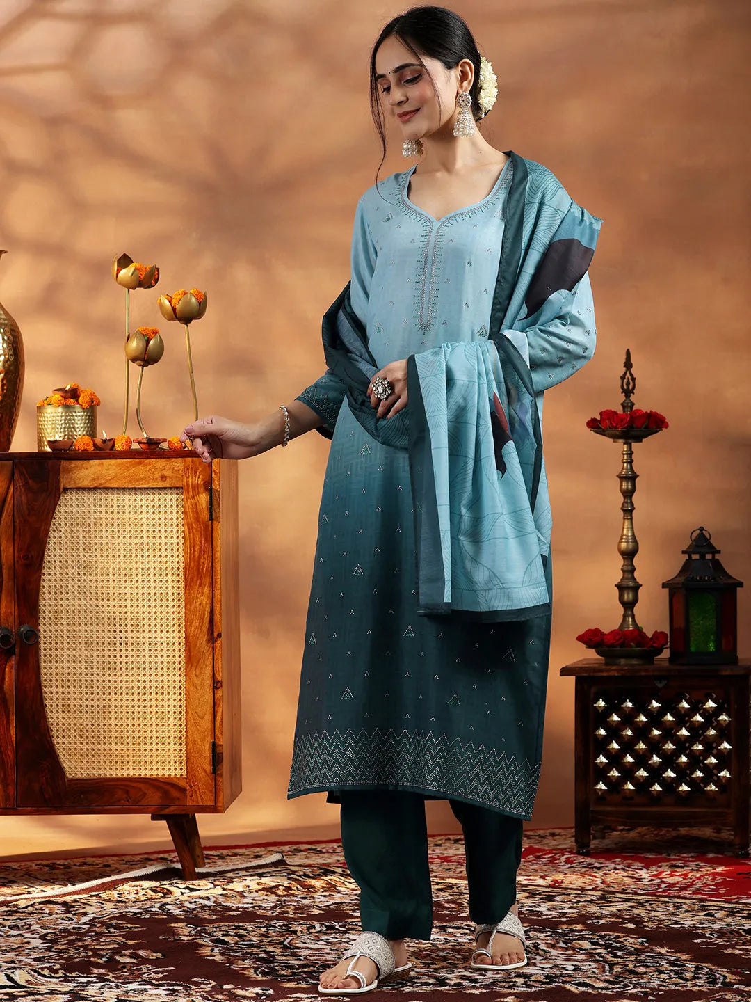 Green Self Design Muslin Straight Suit With Dupatta