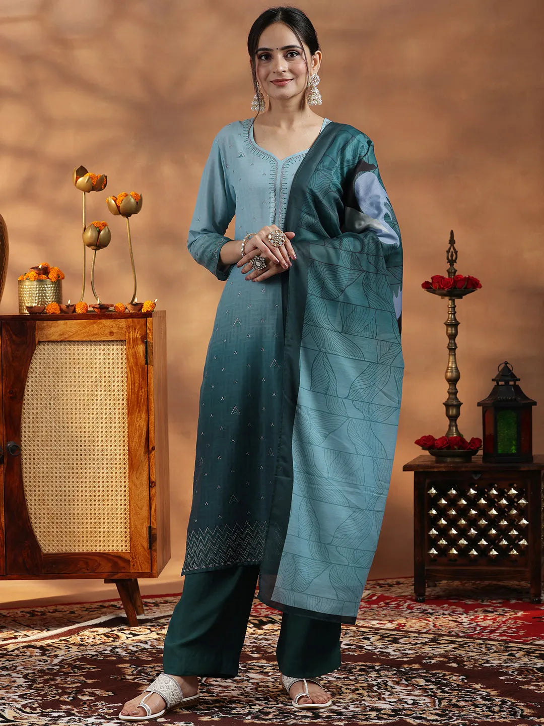  Green Self Design Muslin Straight Suit With Dupatta 