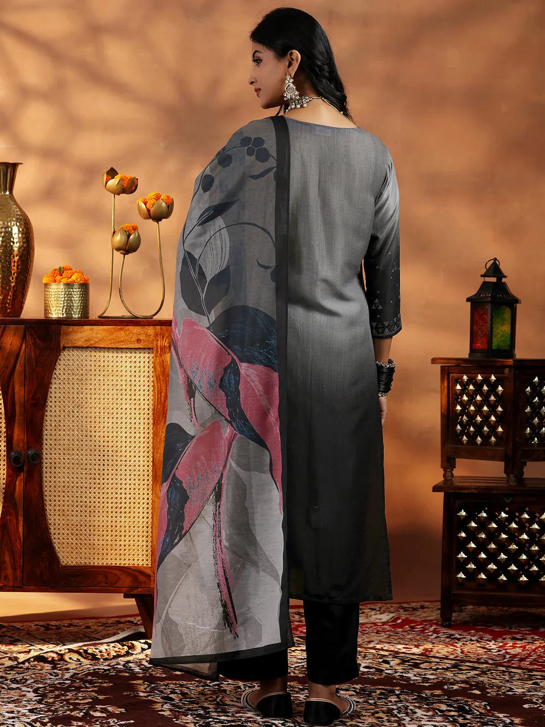  Grey Self Design Muslin Straight Suit With Dupatta 