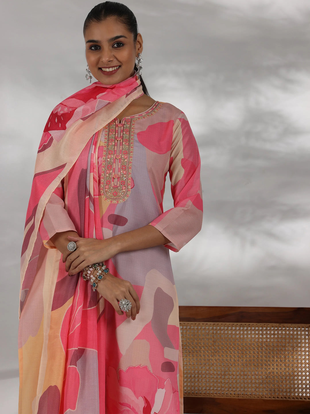  Cream Printed Cotton Blend Straight Suit With Dupatta 
