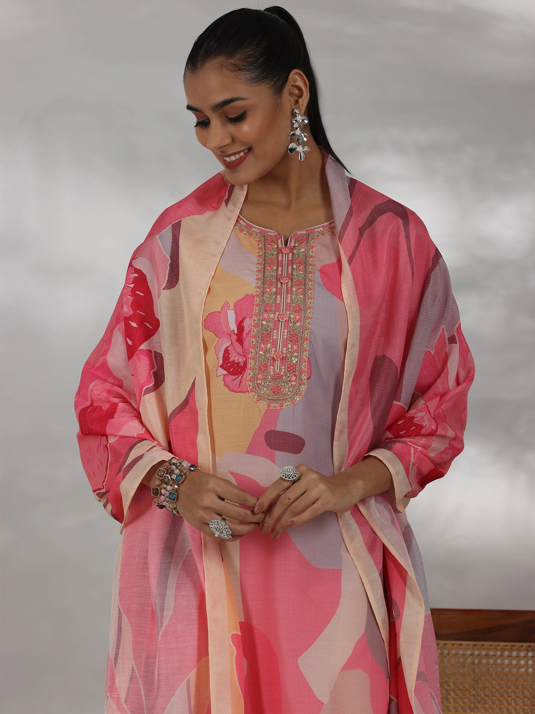  Cream Printed Cotton Blend Straight Suit With Dupatta 