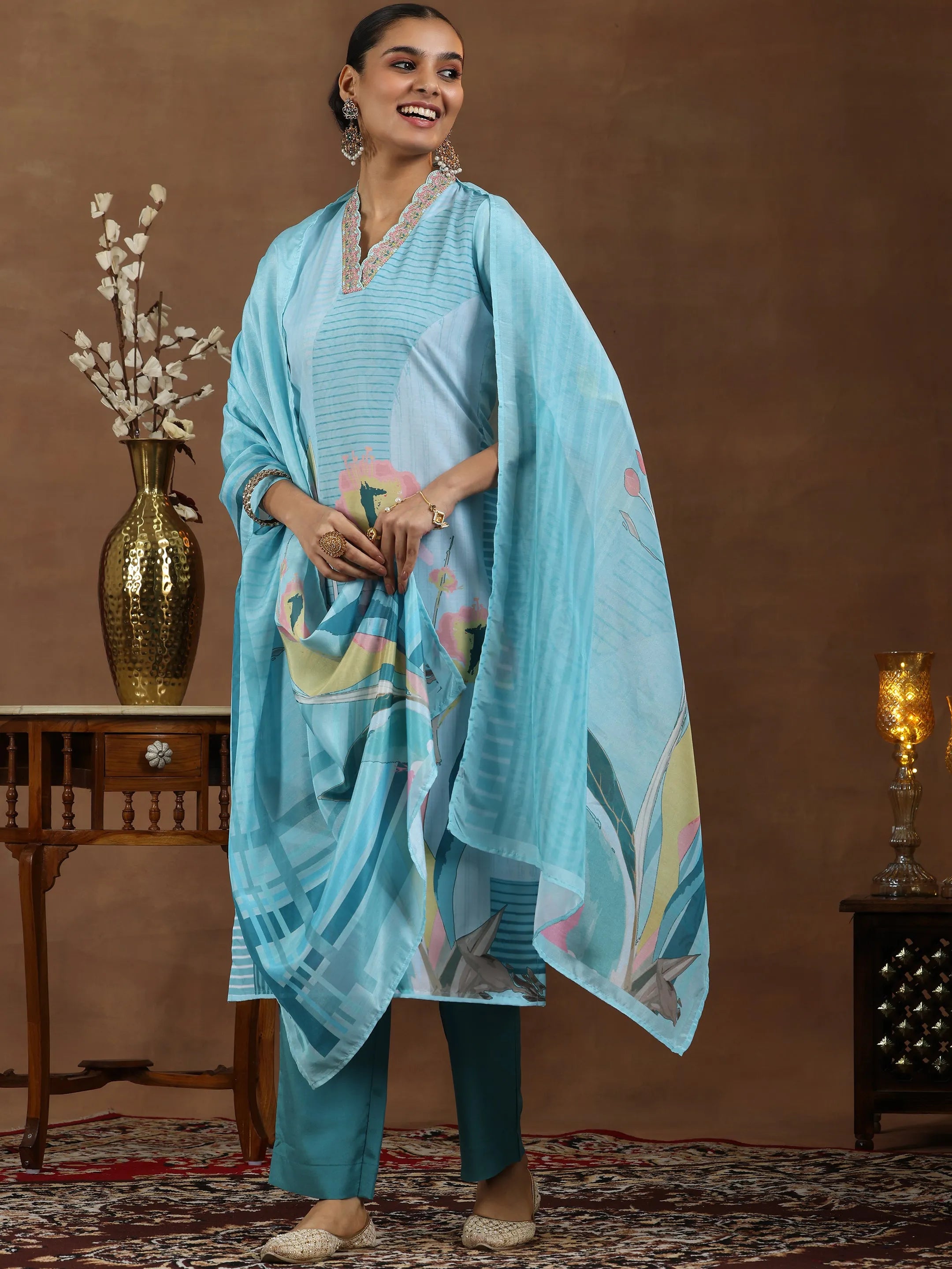 libas Turquoise Printed Cotton Blend Straight Suit With Dupatta-picture-17
