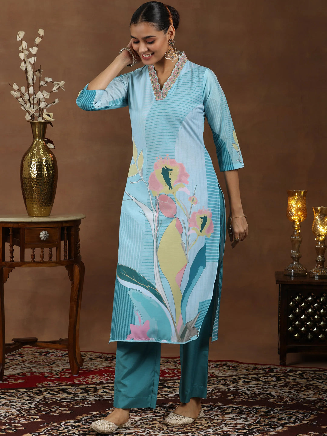  Turquoise Printed Cotton Blend Straight Suit With Dupatta 