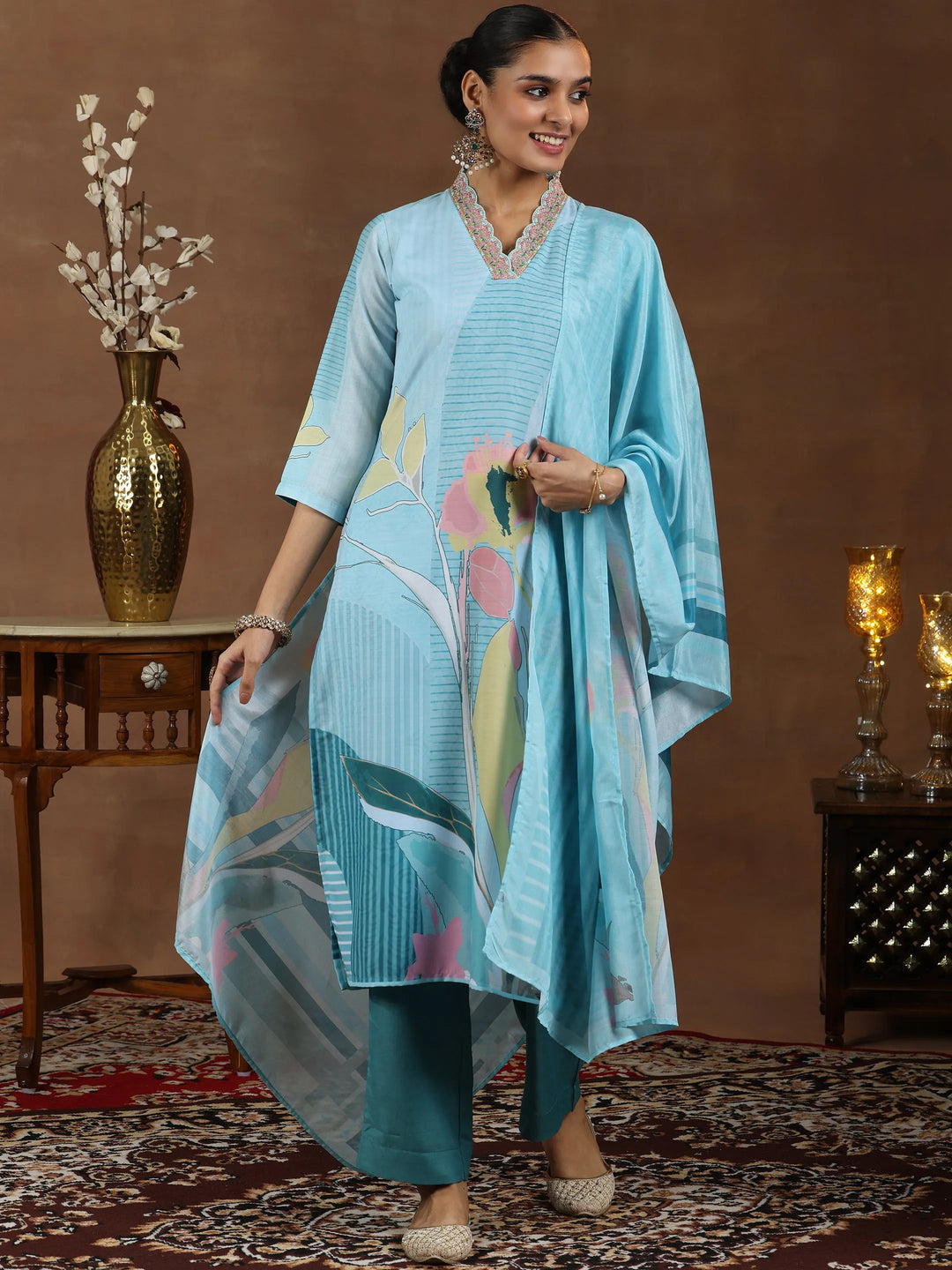  Turquoise Printed Cotton Blend Straight Suit With Dupatta 