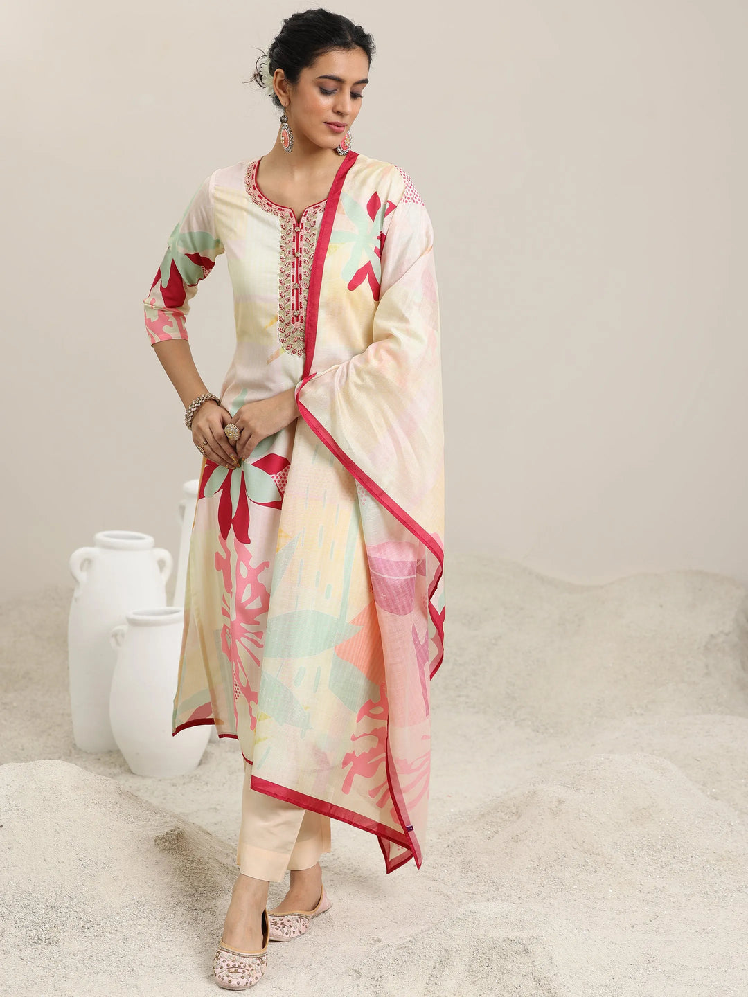  Cream Printed Cotton Blend Straight Suit With Dupatta 