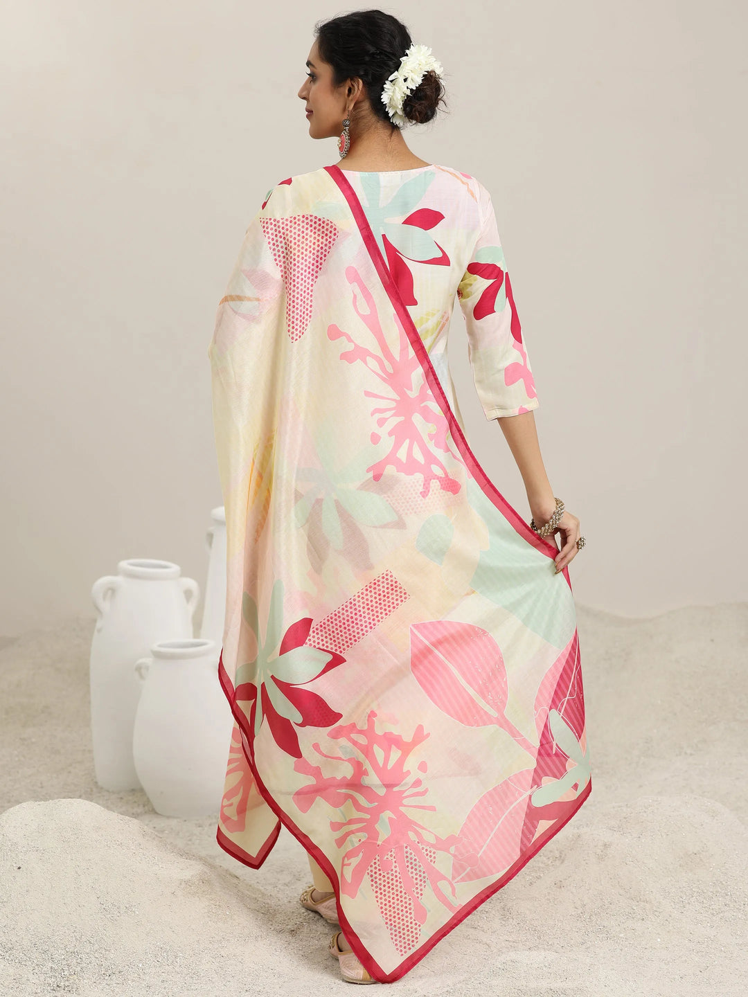  Cream Printed Cotton Blend Straight Suit With Dupatta 