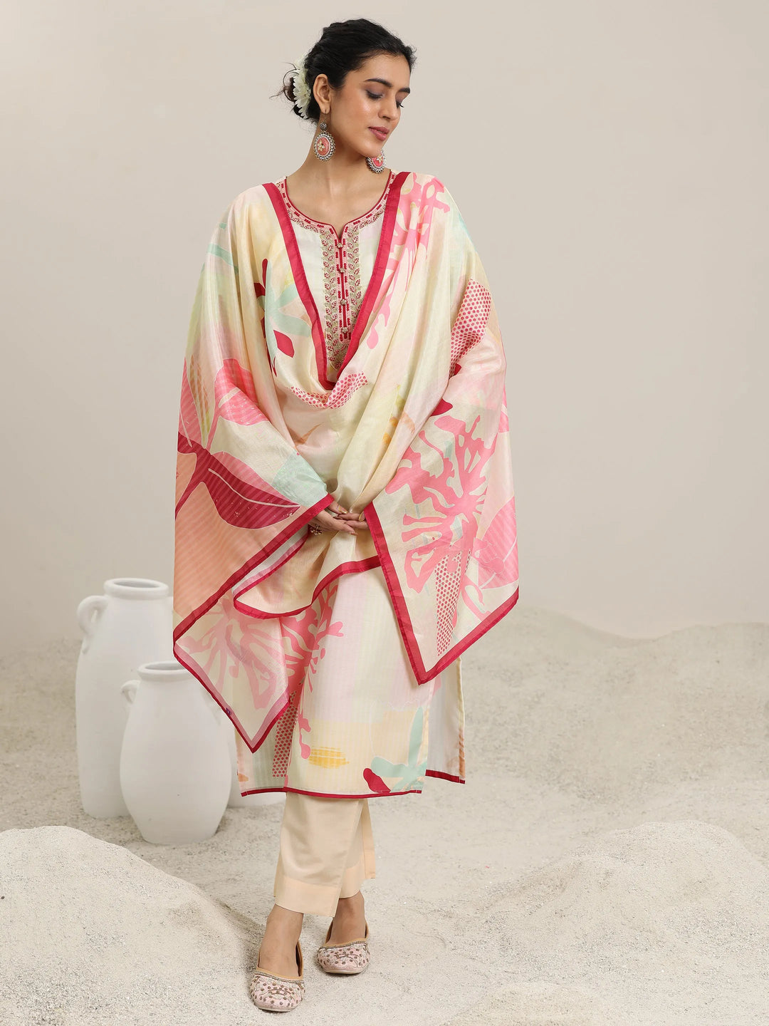  Cream Printed Cotton Blend Straight Suit With Dupatta 