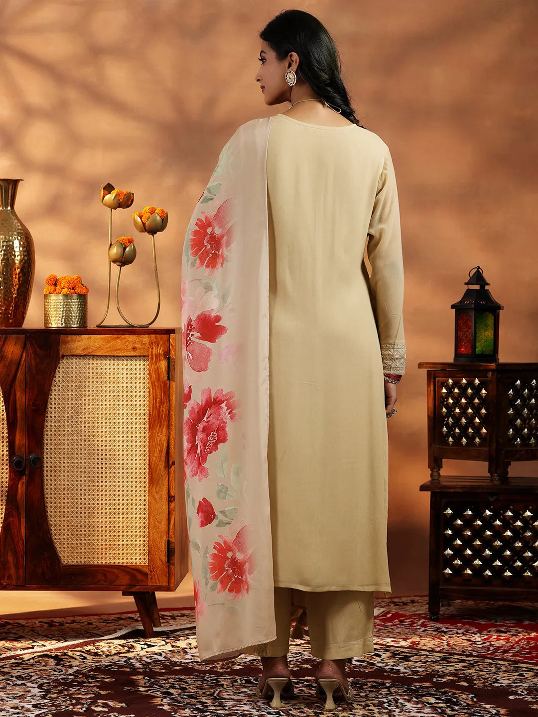  Beige Embroidered Georgette Straight Suit With Dupatta 