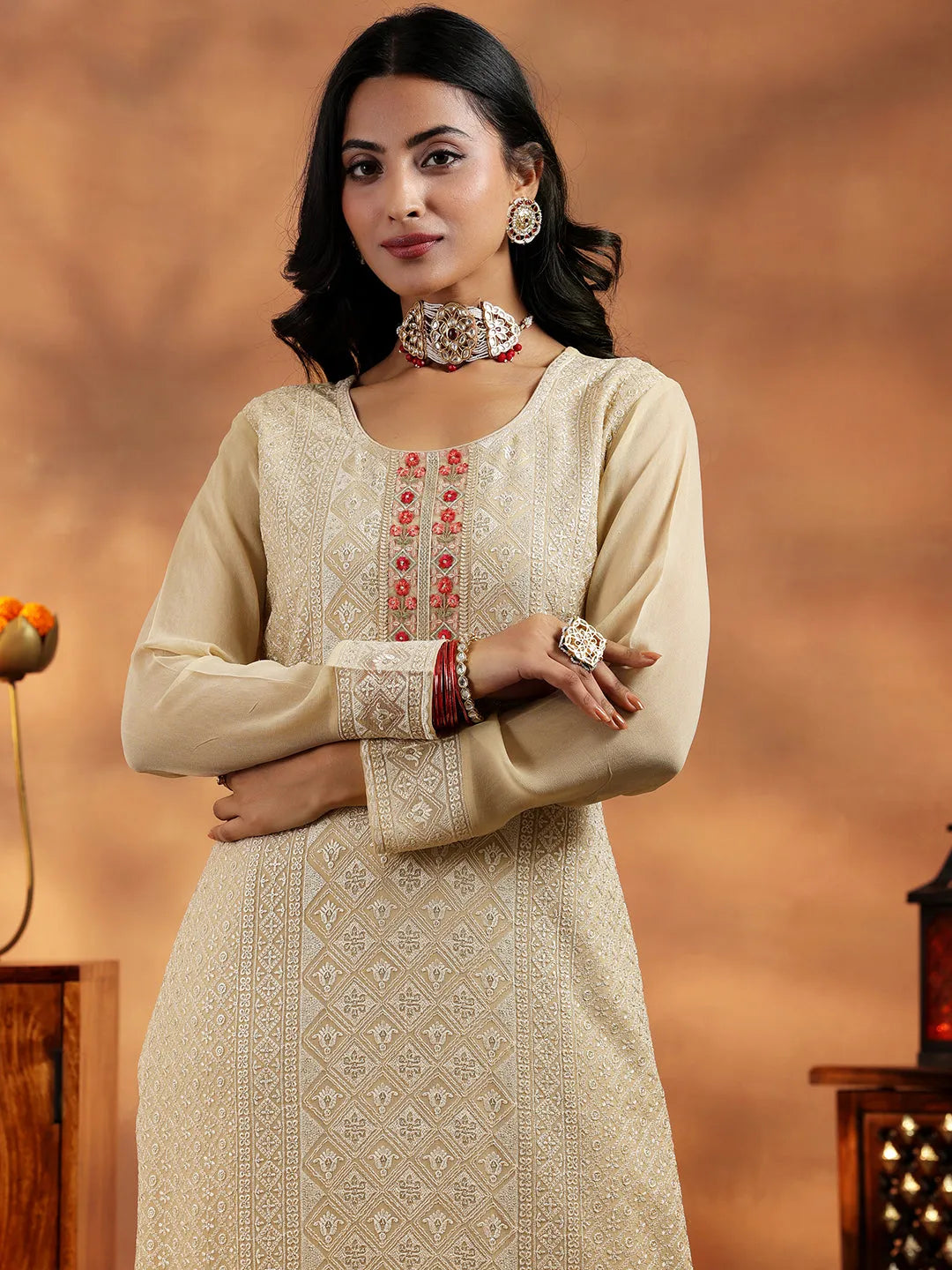  Beige Embroidered Georgette Straight Suit With Dupatta 