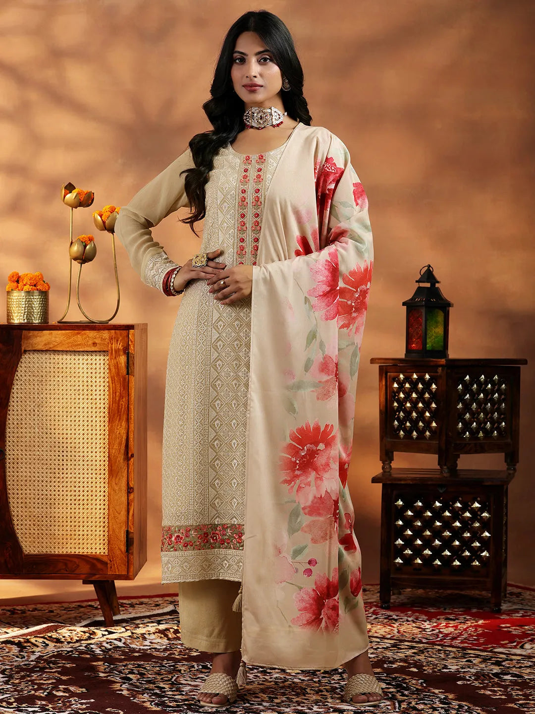  Beige Embroidered Georgette Straight Suit With Dupatta 