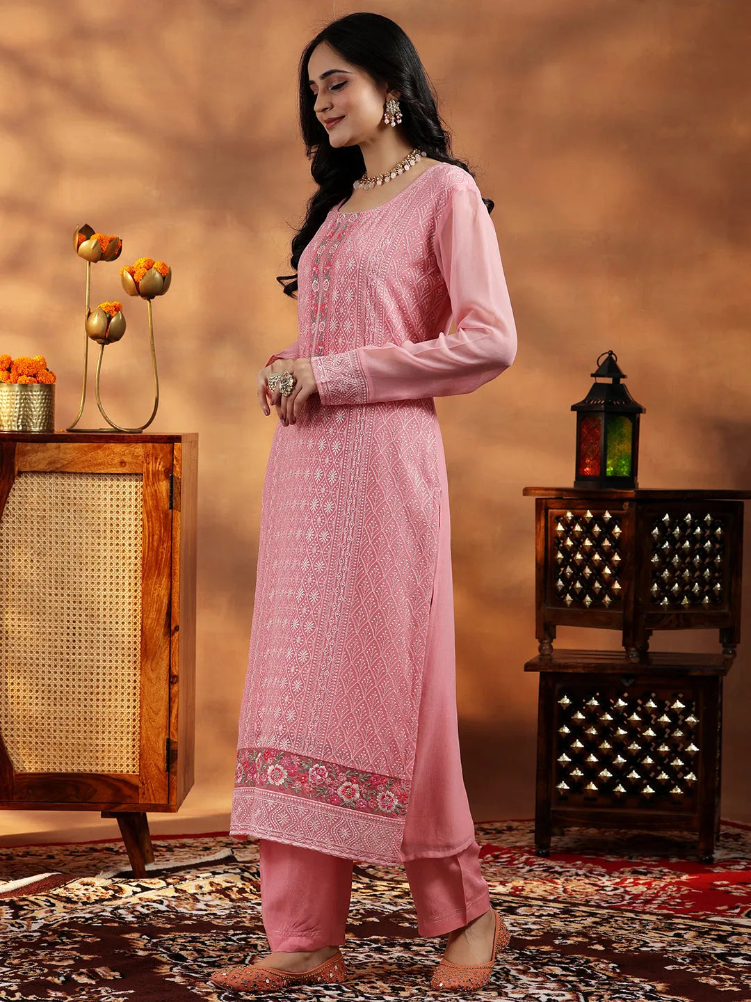  Peach Embroidered Georgette Straight Suit With Dupatta 