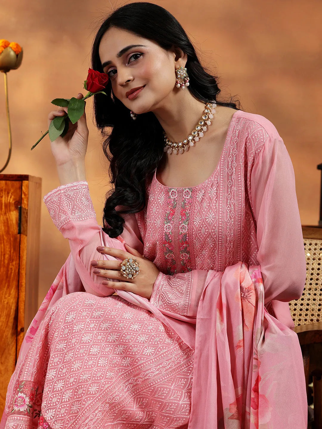  Peach Embroidered Georgette Straight Suit With Dupatta 