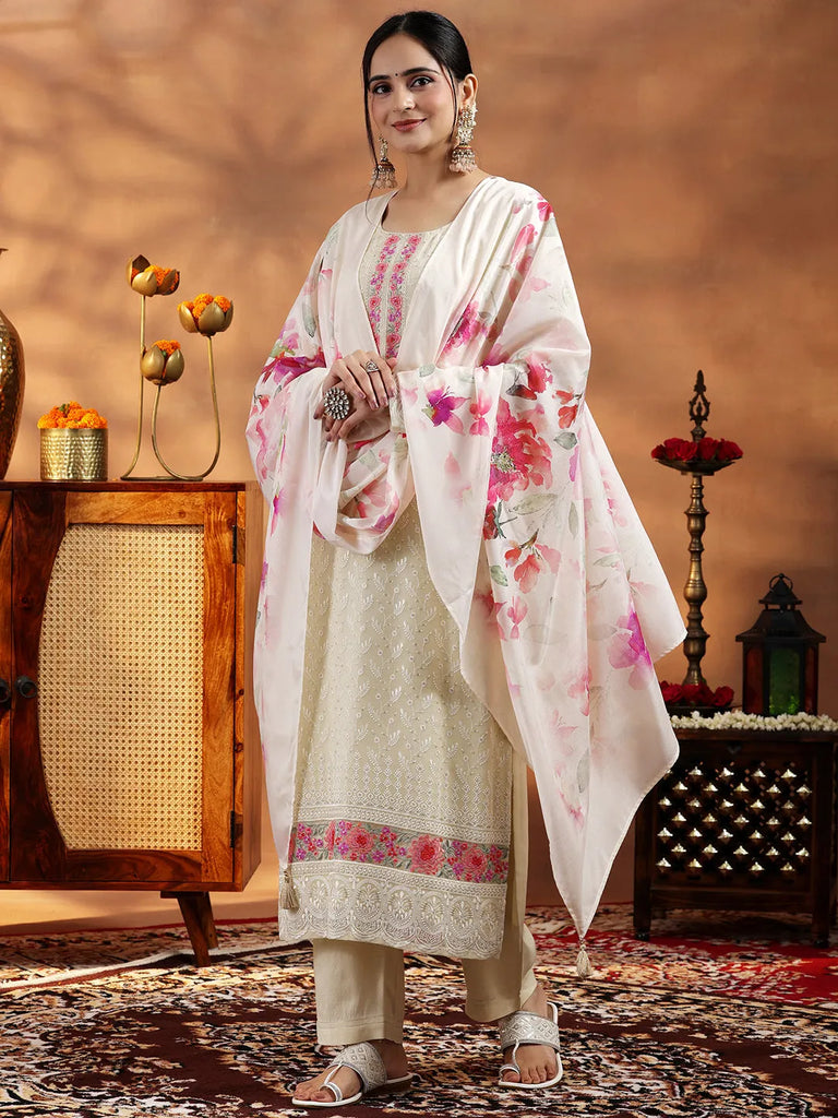 Libas Cream Embroidered Georgette Straight Suit With Dupatta