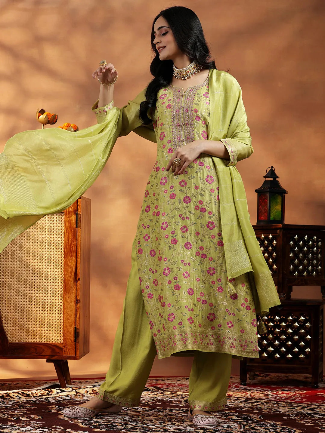 libas Green Woven Design Silk Blend Straight Suit With Dupatta-picture-31