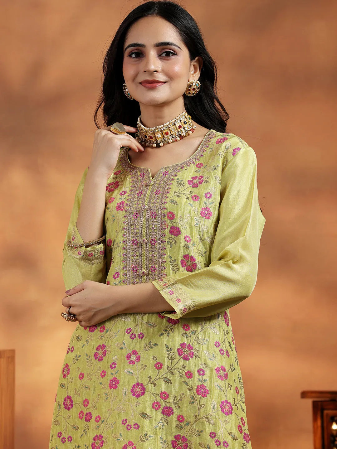  Green Woven Design Silk Blend Straight Suit With Dupatta 
