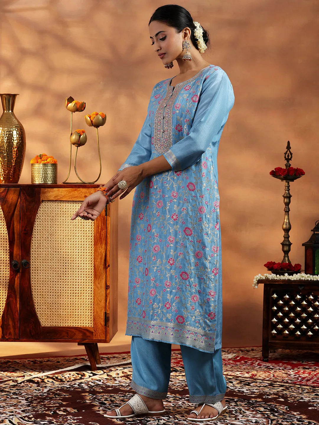  Blue Woven Design Silk Blend Straight Suit With Dupatta 