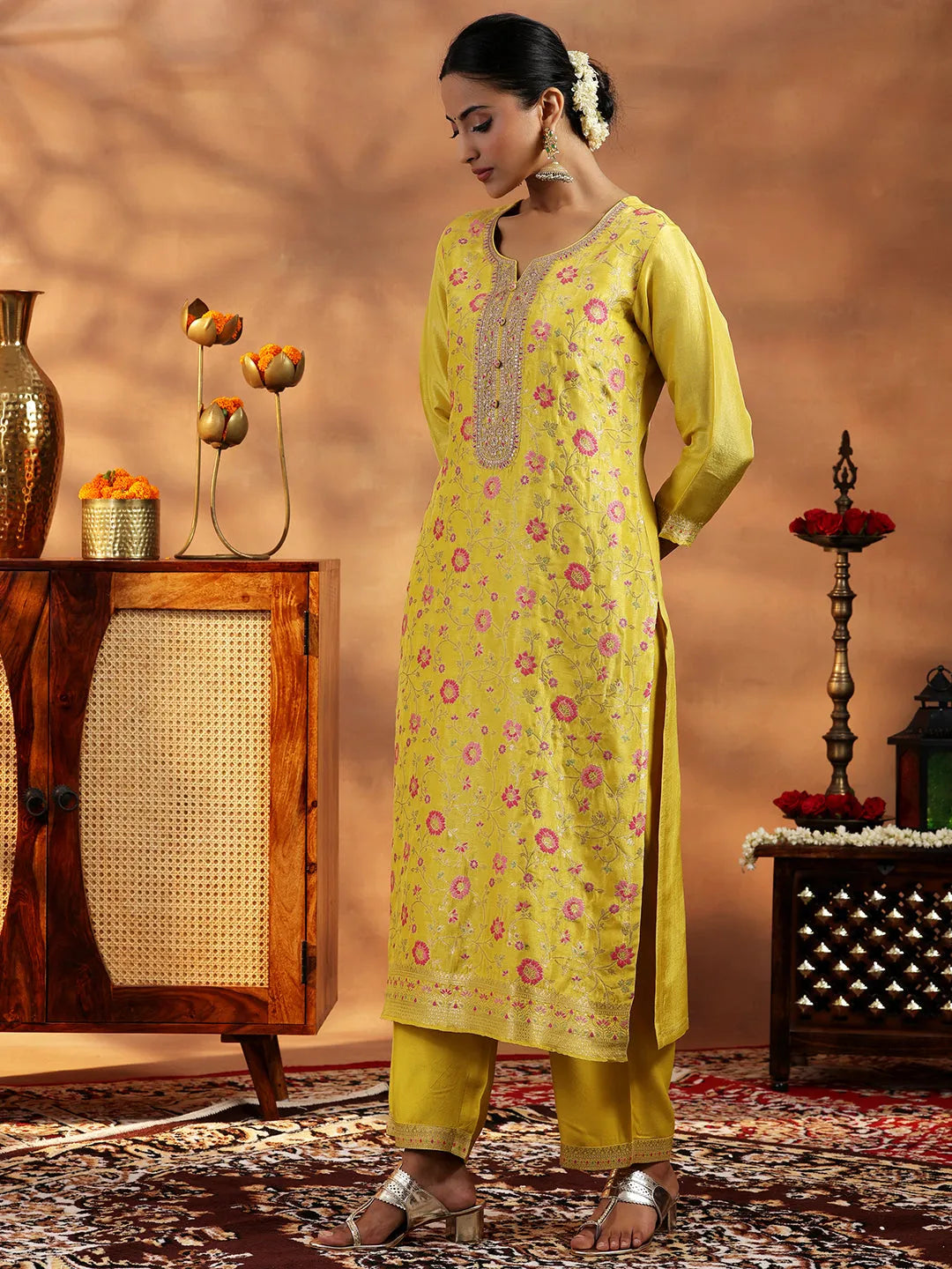  Yellow Woven Design Silk Blend Straight Suit With Dupatta 