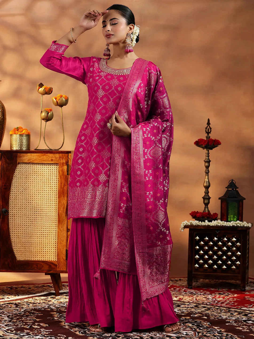  Pink Woven Design Silk Blend Straight Suit With Dupatta 