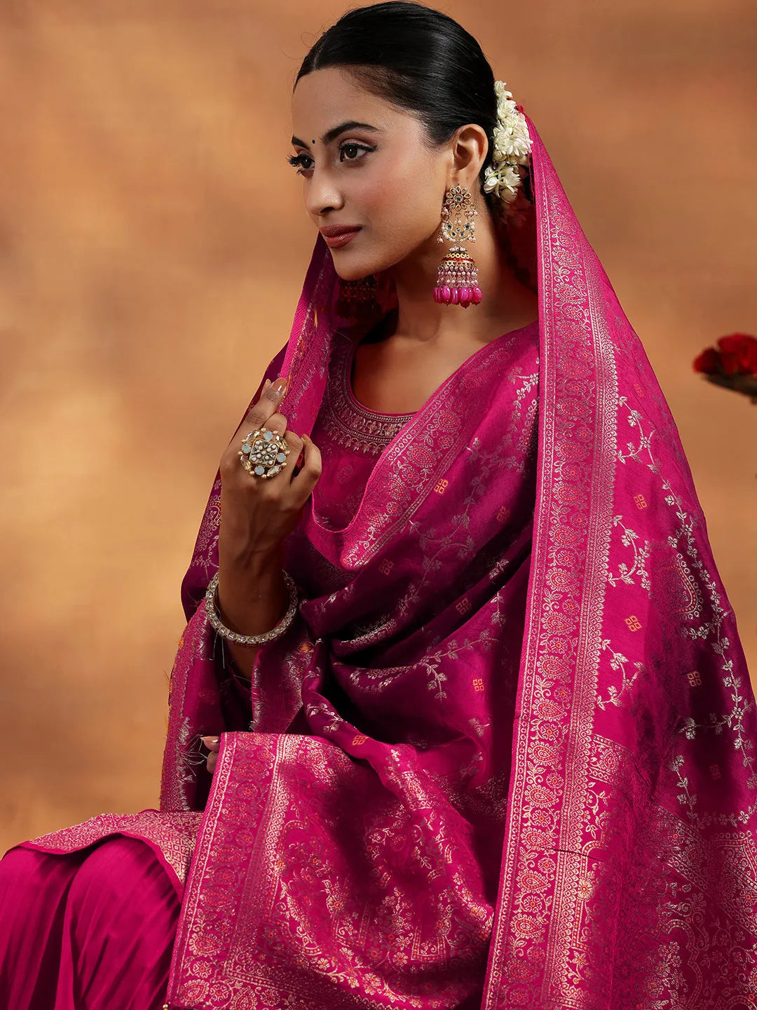  Pink Woven Design Silk Blend Straight Suit With Dupatta 