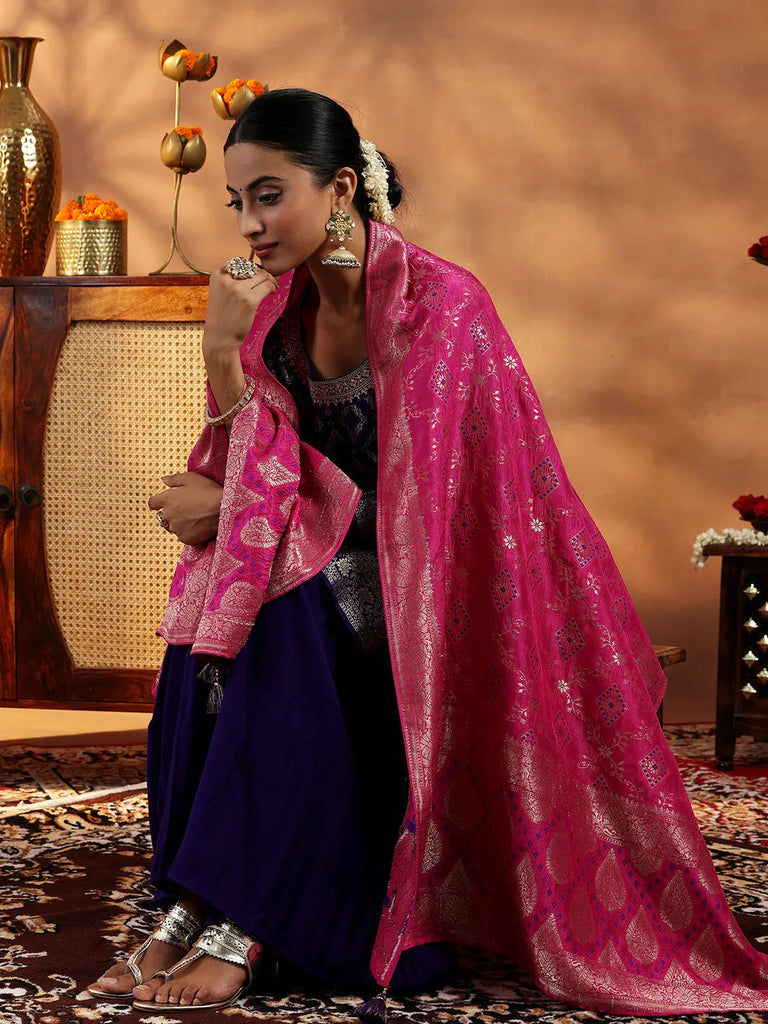 Libas Purple Woven Design Silk Blend Straight Suit With Dupatta