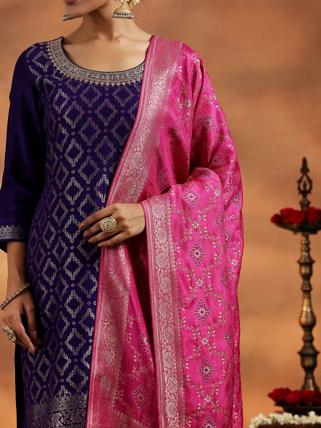  Purple Woven Design Silk Blend Straight Suit With Dupatta 