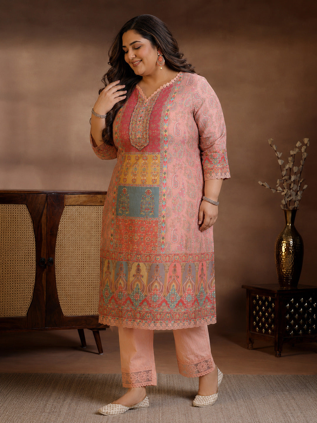  Plus Size Peach Printed Cotton Blend Straight Suit With Dupatta 