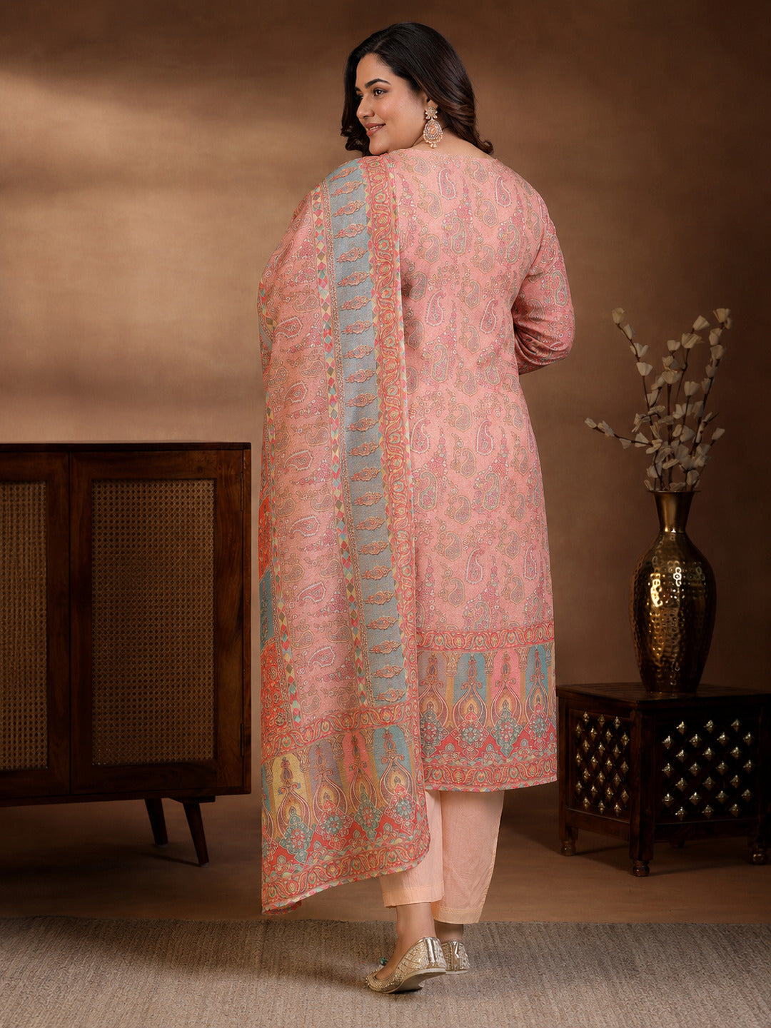  Plus Size Peach Printed Cotton Blend Straight Suit With Dupatta 