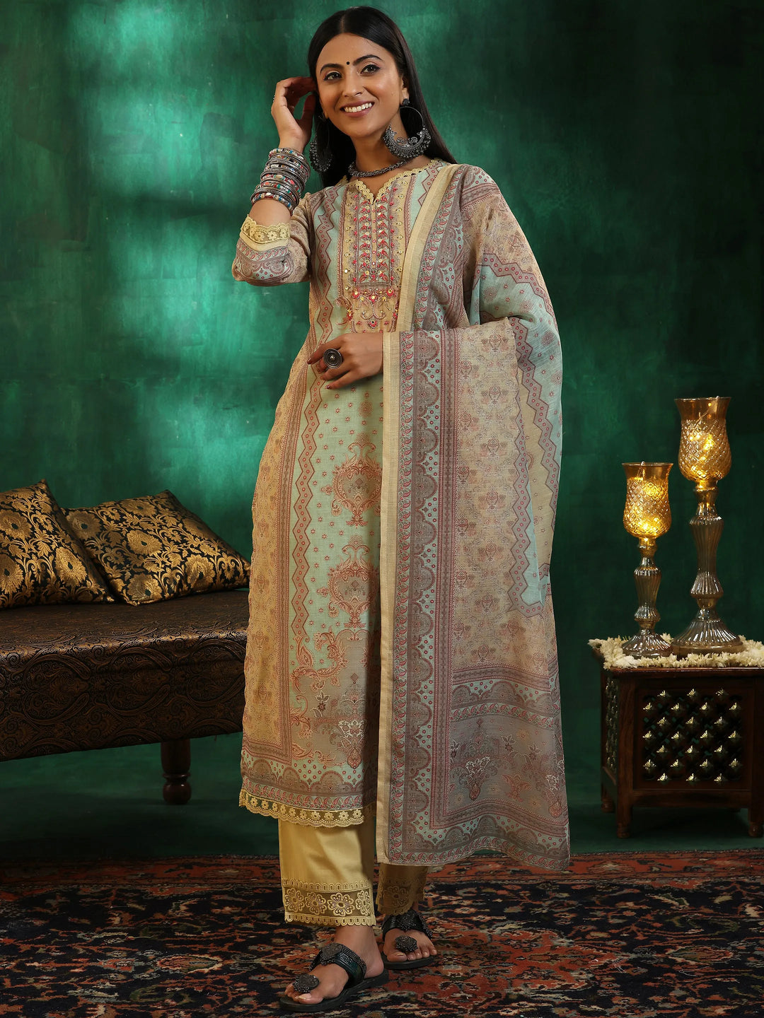  Yellow Printed Cotton Blend Straight Suit With Dupatta 