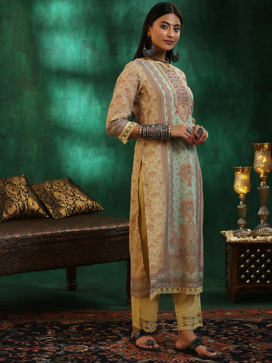  Yellow Printed Cotton Blend Straight Suit With Dupatta 