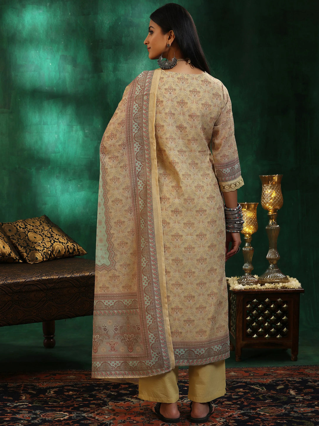  Yellow Printed Cotton Blend Straight Suit With Dupatta 
