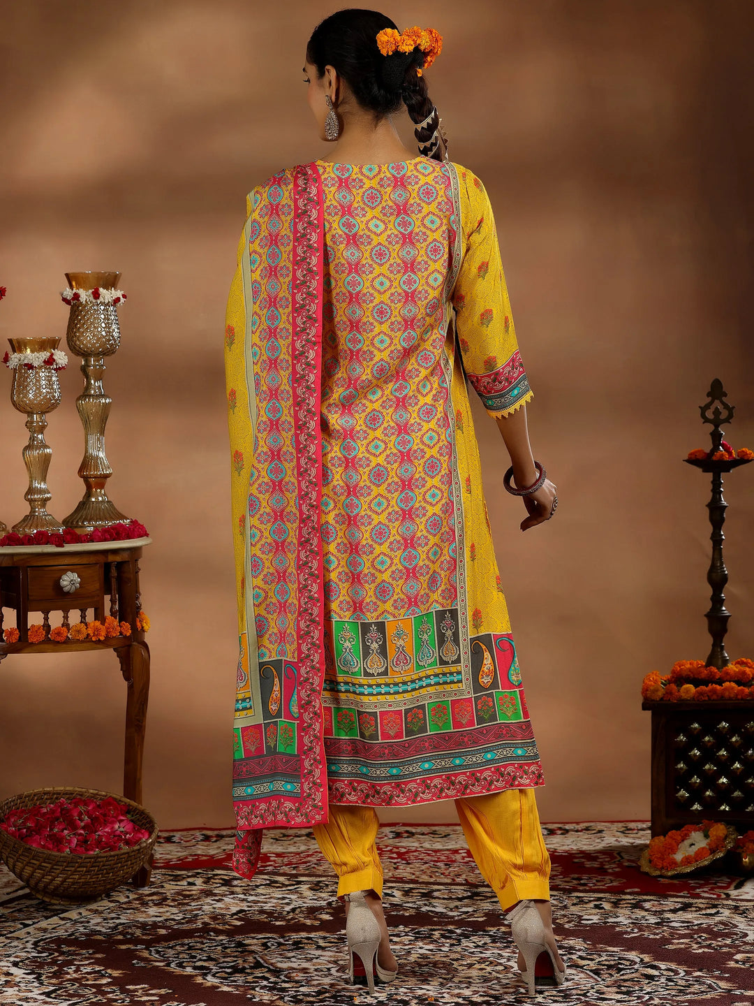  Yellow Printed Silk Blend Straight Suit With Dupatta 