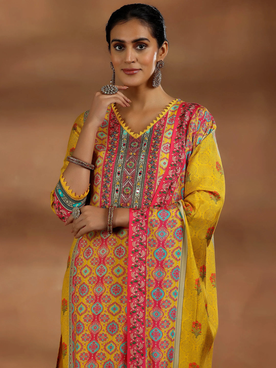  Yellow Printed Silk Blend Straight Suit With Dupatta 