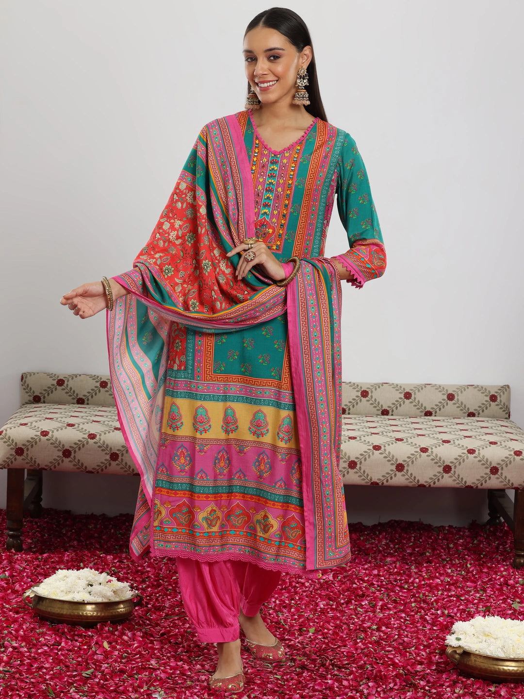  Multi Printed Silk Blend Straight Suit With Dupatta 