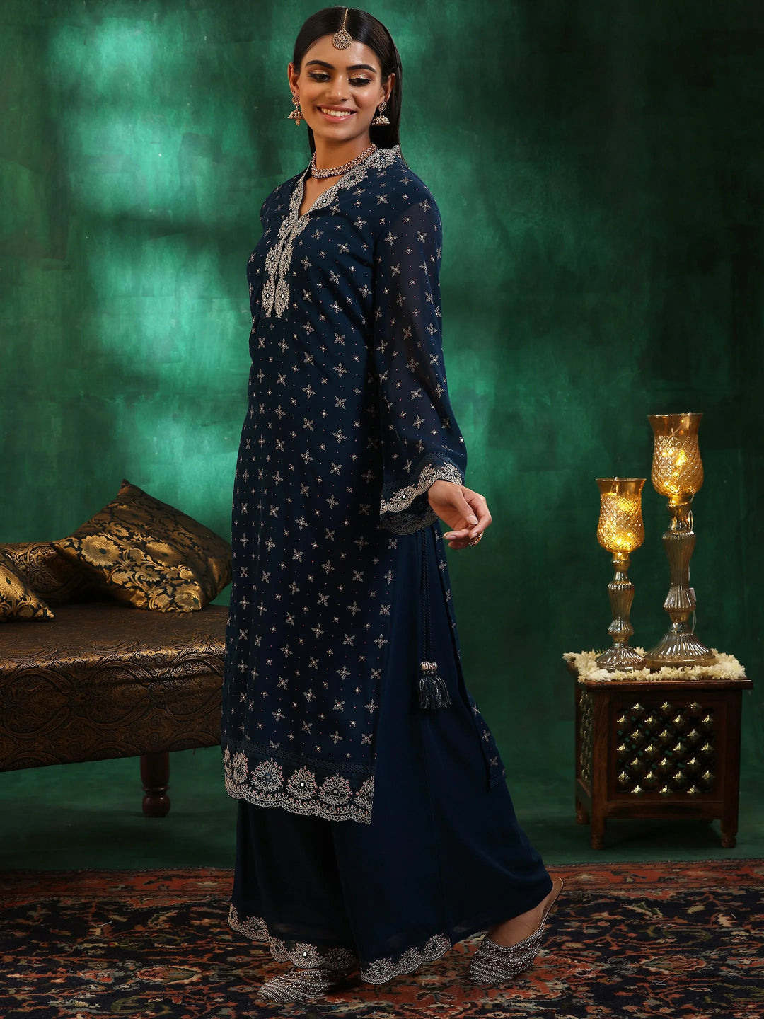  Blue Printed Georgette Straight Suit With Dupatta 