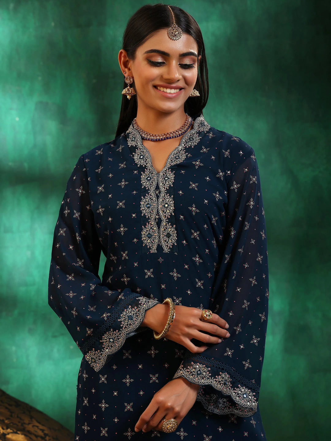  Blue Printed Georgette Straight Suit With Dupatta 