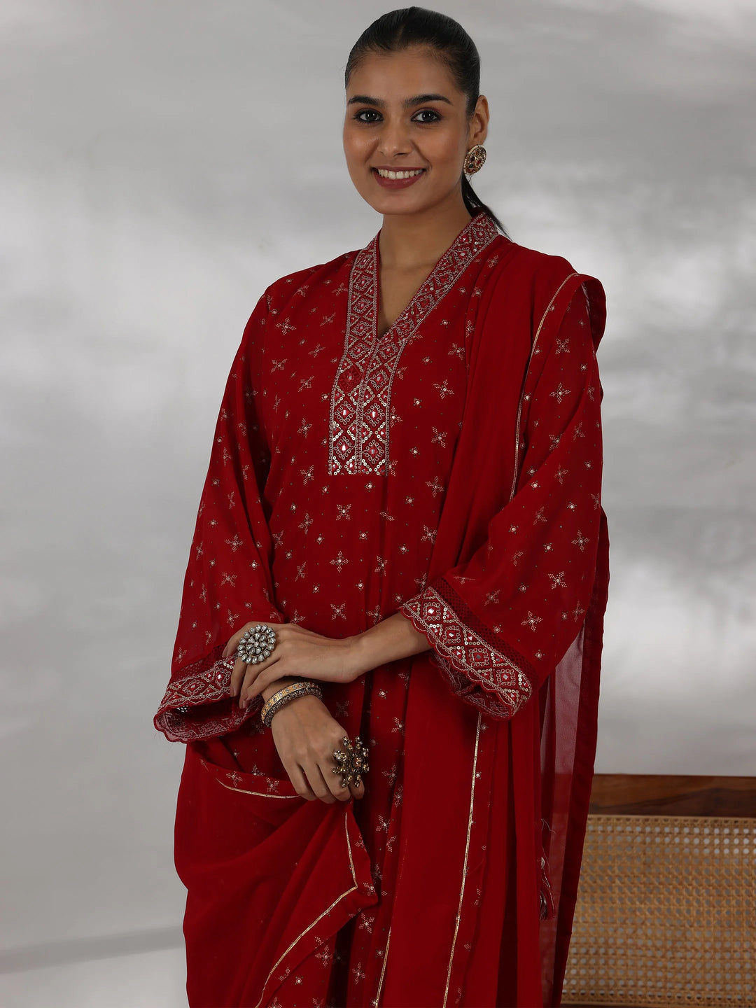  Red Printed Georgette Straight Suit With Dupatta 